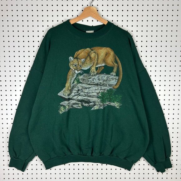 Cougar Cat 90s Vintage Crewneck 3XL Green Nature Wildlife Cotton USA Sweatshirt - Picture 1 of 6